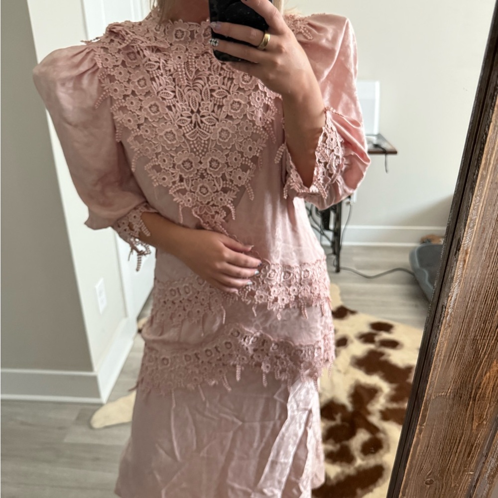 Vintage Capriccio by Digna Pink Lace Puff Sleeve Dress | Size 8
